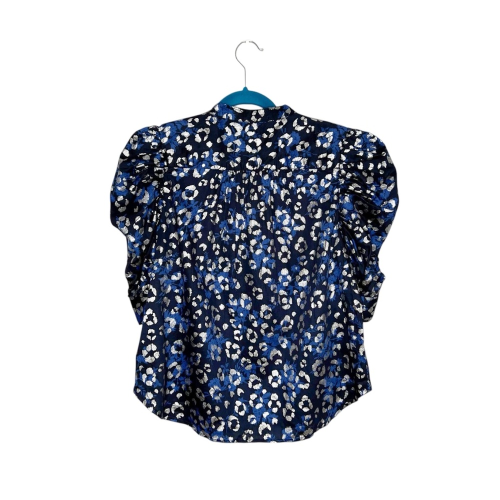 GAP Cotton Puff Sleeve Button Front Blouse Blue & Silver Size Medium - Picture 8 of 12